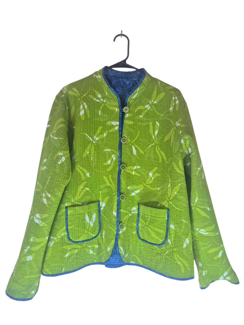 Casual Studio Green Printed Quilted Jacket with Blue Trim Side XL
